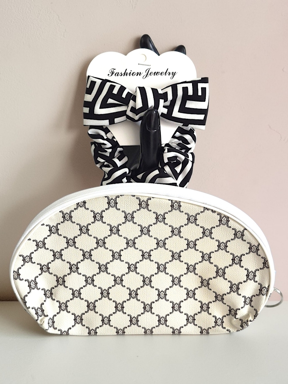 White & Black Monogram Pouch with Bow & Scrunchie - 3 Pc. Set